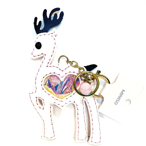 Miniso Cute Deer Bag Charm Heart Glitter Confetti Sequins Pink White Keychain - Picture 12 of 12